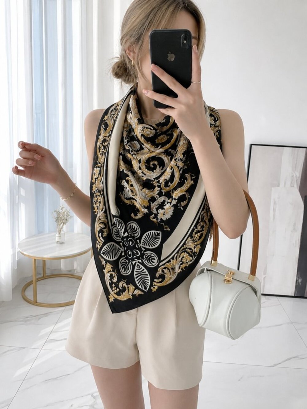 2/$30 NEW Black Antique Gold Baroque Printed Silky Fashion Scarf